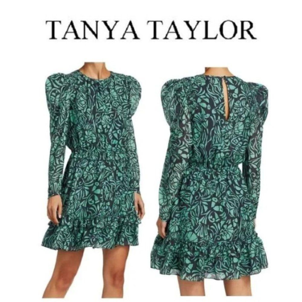 Tanya Taylor Telissa Ruffle Dress Green Navy Print Silk Dress Size 2